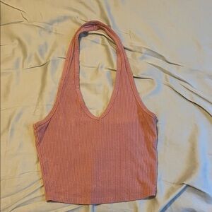 Bozzolo Ribbed V-Neck Crop Top in Coral